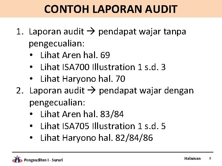 CONTOH LAPORAN AUDIT 1. Laporan audit pendapat wajar tanpa pengecualian: • Lihat Aren hal.