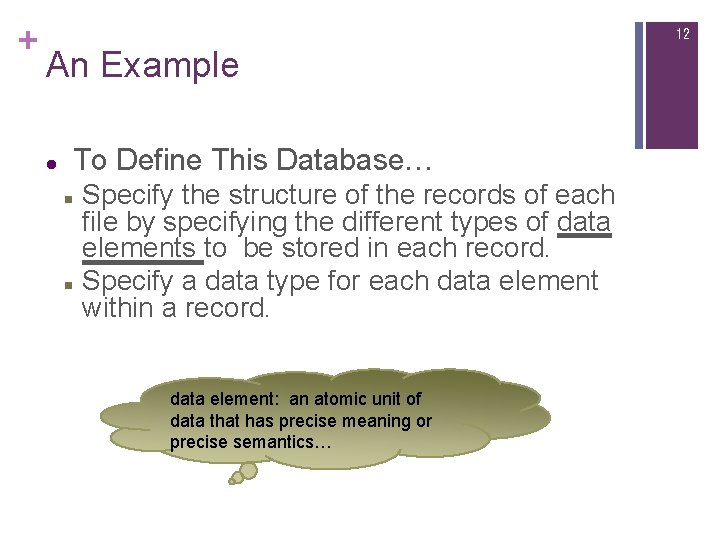 + 12 An Example l To Define This Database… n n Specify the structure