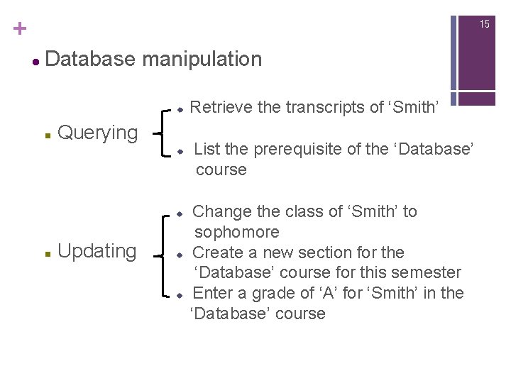 + 15 l Database manipulation u n Querying u u n Updating u u