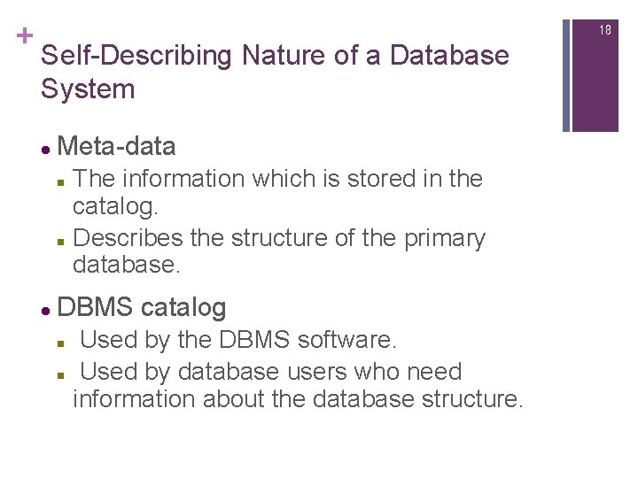 + 18 Self-Describing Nature of a Database System l Meta-data n n l The
