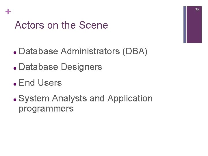 + 25 Actors on the Scene l Database Administrators (DBA) l Database Designers l