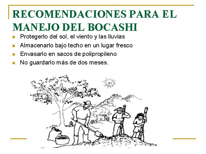 RECOMENDACIONES PARA EL MANEJO DEL BOCASHI n n Protegerlo del sol, el viento y