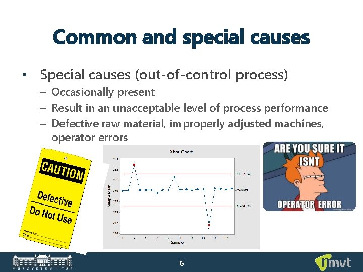 Common and special causes • Special causes (out-of-control process) – Occasionally present – Result