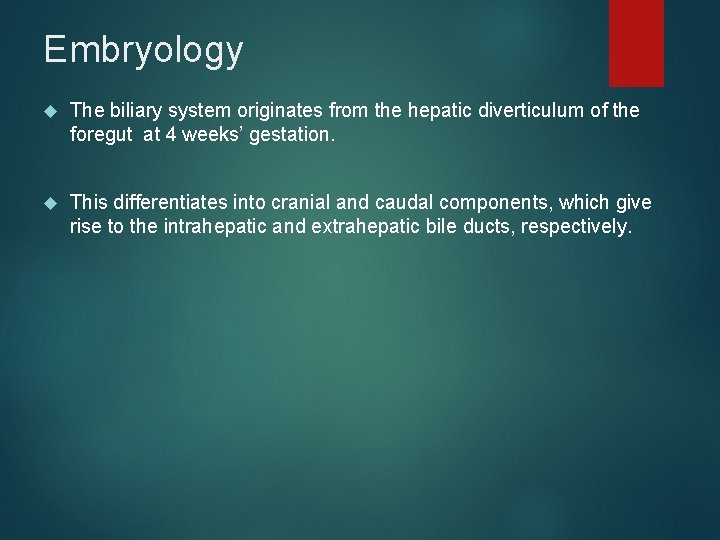 Embryology The biliary system originates from the hepatic diverticulum of the foregut at 4