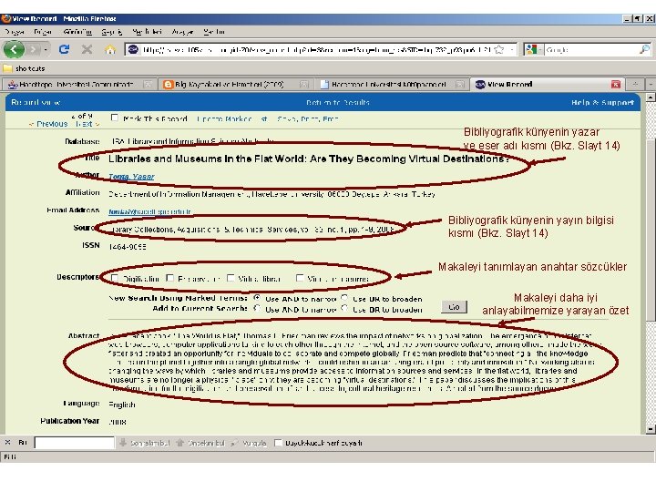 Bibliyografik künyenin yazar ve eser adı kısmı (Bkz. Slayt 14) Bibliyografik künyenin yayın bilgisi