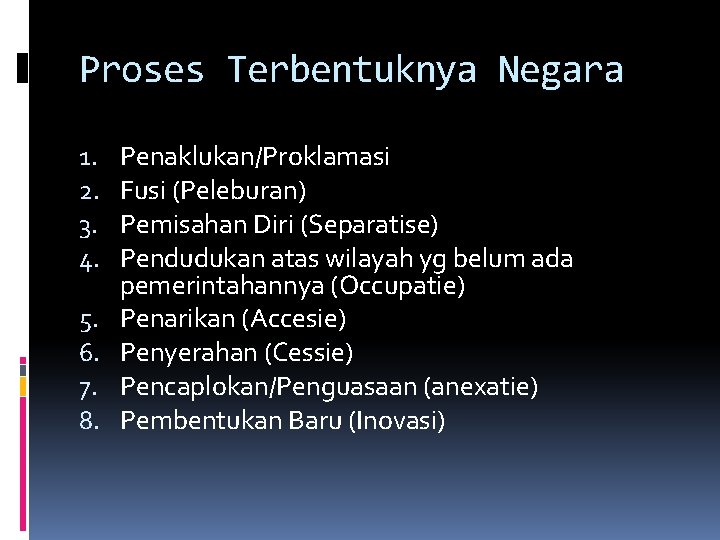 Proses Terbentuknya Negara 1. 2. 3. 4. 5. 6. 7. 8. Penaklukan/Proklamasi Fusi (Peleburan)