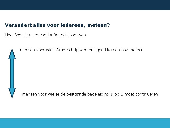 Verandert alles voor iedereen, meteen? Nee. We zien een continuüm dat loopt van: mensen