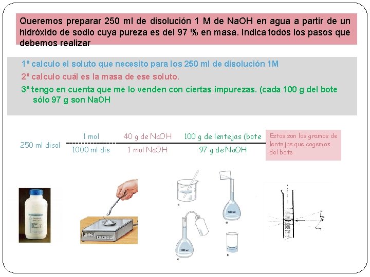 Queremos preparar 250 ml de disolución 1 M de Na. OH en agua a