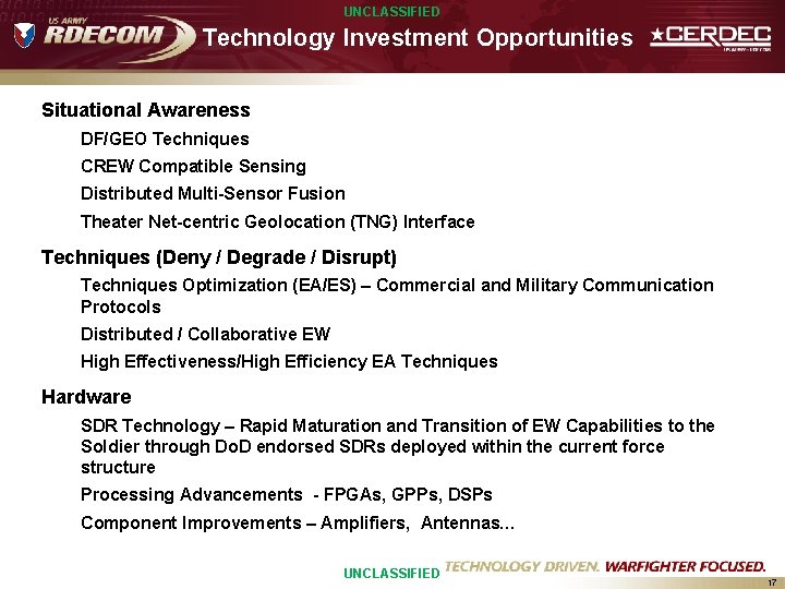 UNCLASSIFIED Technology Investment Opportunities Situational Awareness DF/GEO Techniques CREW Compatible Sensing Distributed Multi-Sensor Fusion