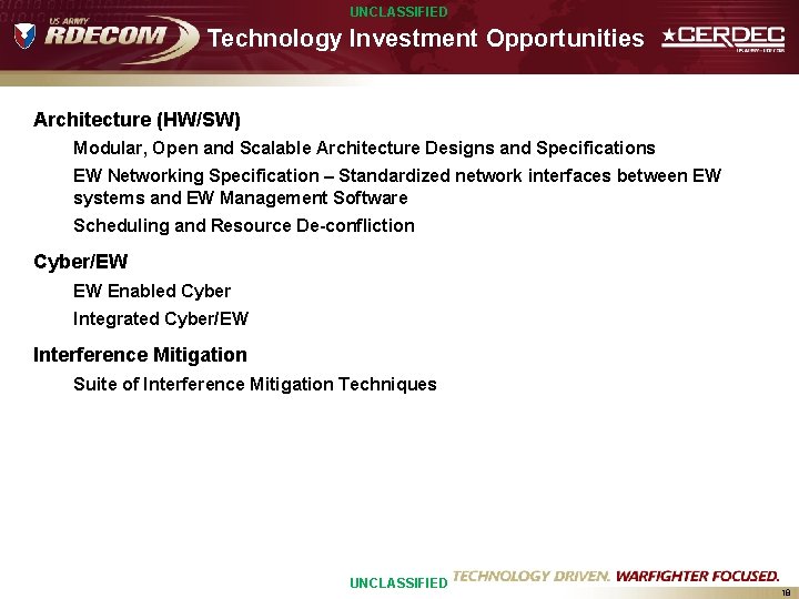 UNCLASSIFIED Technology Investment Opportunities Architecture (HW/SW) Modular, Open and Scalable Architecture Designs and Specifications