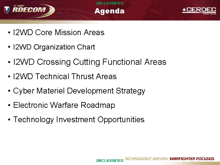 UNCLASSIFIED Agenda • I 2 WD Core Mission Areas • I 2 WD Organization