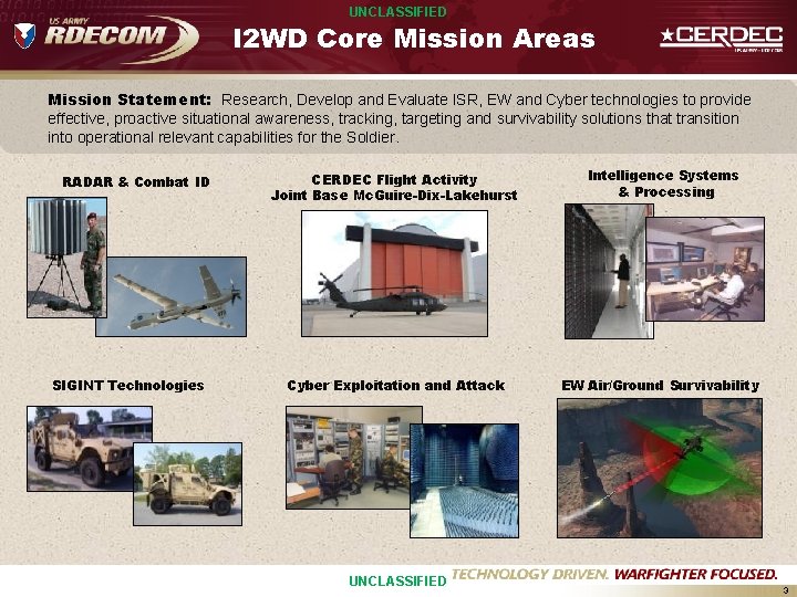 UNCLASSIFIED I 2 WD Core Mission Areas Mission Statement: Research, Develop and Evaluate ISR,