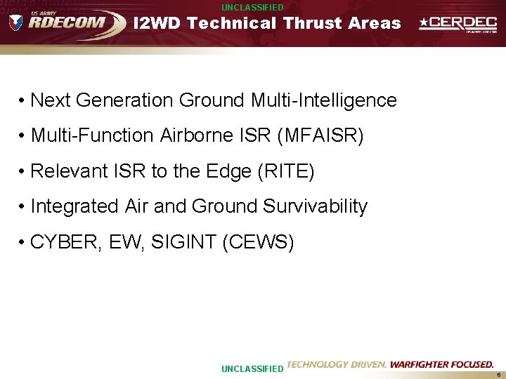 UNCLASSIFIED I 2 WD Technical Thrust Areas • Next Generation Ground Multi-Intelligence • Multi-Function