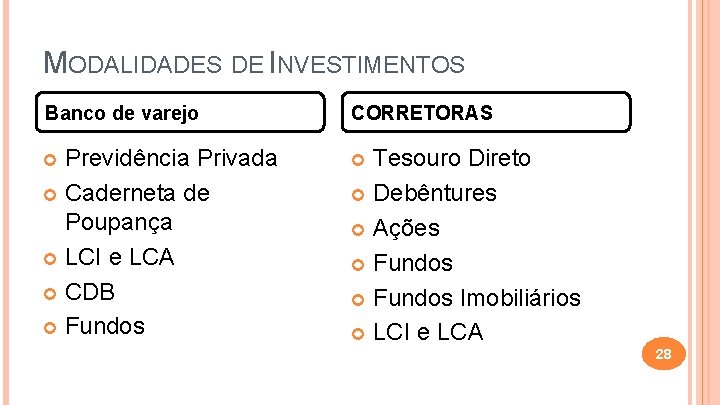 MODALIDADES DE INVESTIMENTOS Banco de varejo CORRETORAS Previdência Privada Caderneta de Poupança LCI e