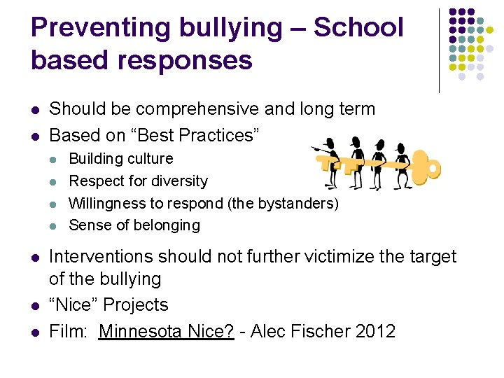 Preventing bullying – School based responses l l Should be comprehensive and long term