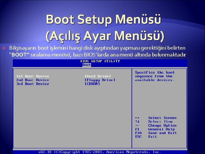 Boot Setup Menüsü (Açılış Ayar Menüsü) Bilgisayarın boot işlemini hangi disk aygıtından yapması gerektiğini