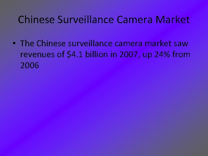 Chinese Surveillance Camera Market • The Chinese surveillance camera market saw revenues of $4.