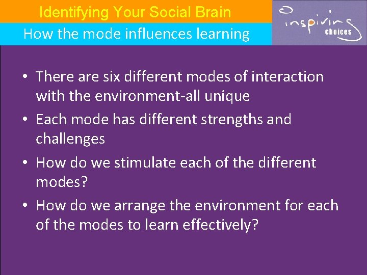 Understanding People Identifying Your Social Brain How the mode influences learning • There are