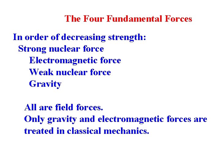 The Four Fundamental Forces In order of decreasing strength: Strong nuclear force Electromagnetic force