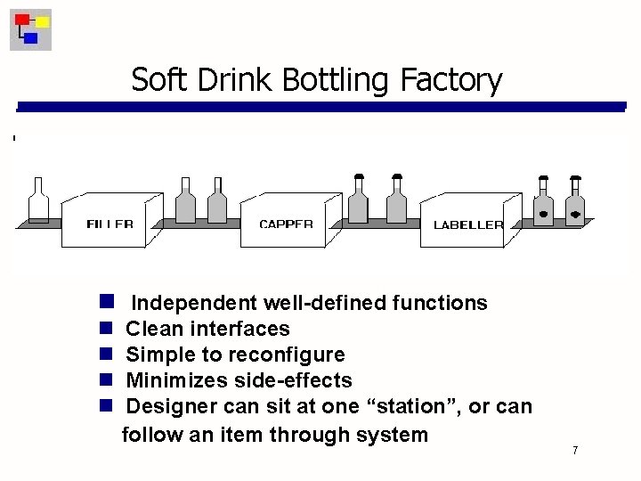 Soft Drink Bottling Factory Independent well-defined functions Clean interfaces Simple to reconfigure Minimizes side-effects