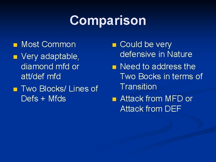 Comparison n Most Common Very adaptable, diamond mfd or att/def mfd Two Blocks/ Lines