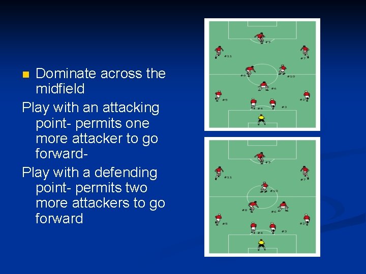 Dominate across the midfield Play with an attacking point- permits one more attacker to