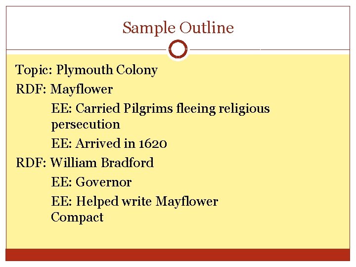 Sample Outline Topic: Plymouth Colony RDF: Mayflower EE: Carried Pilgrims fleeing religious persecution EE: