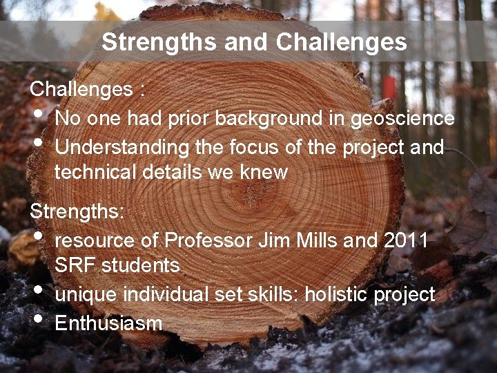 Strengths and Challenges : No one had prior background in geoscience Understanding the focus