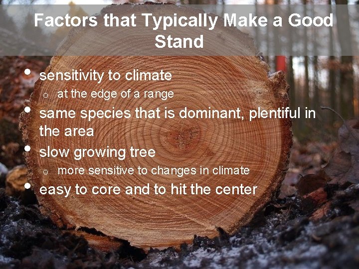 Factors that Typically Make a Good Stand • • sensitivity to climate o at