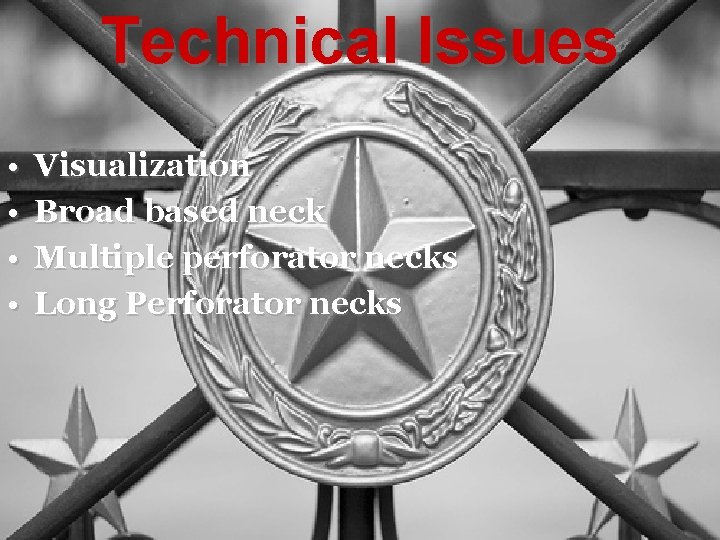 Technical Issues • • Visualization Broad based neck Multiple perforator necks Long Perforator necks