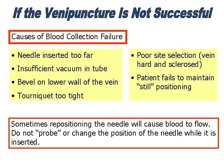 Unsuccessful Venipuncture Causes of Blood Collection Failure • Needle inserted too far • Insufficient