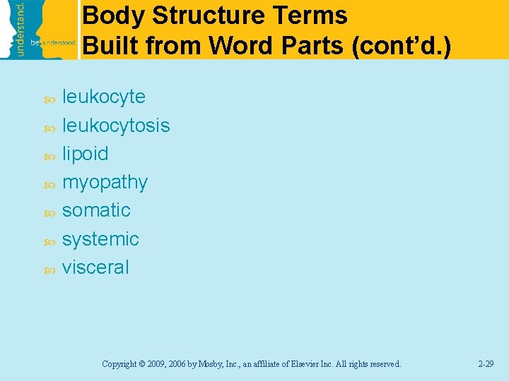 Body Structure Terms Built from Word Parts (cont’d. ) leukocyte leukocytosis lipoid myopathy somatic