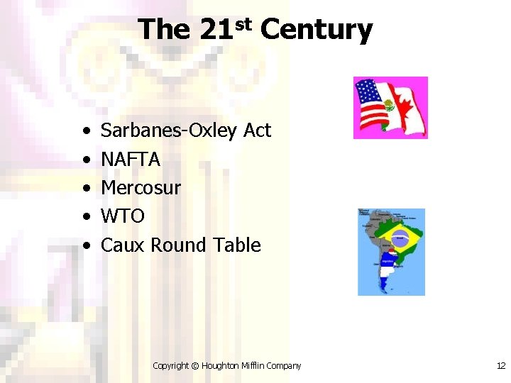 The 21 st Century • • • Sarbanes-Oxley Act NAFTA Mercosur WTO Caux Round