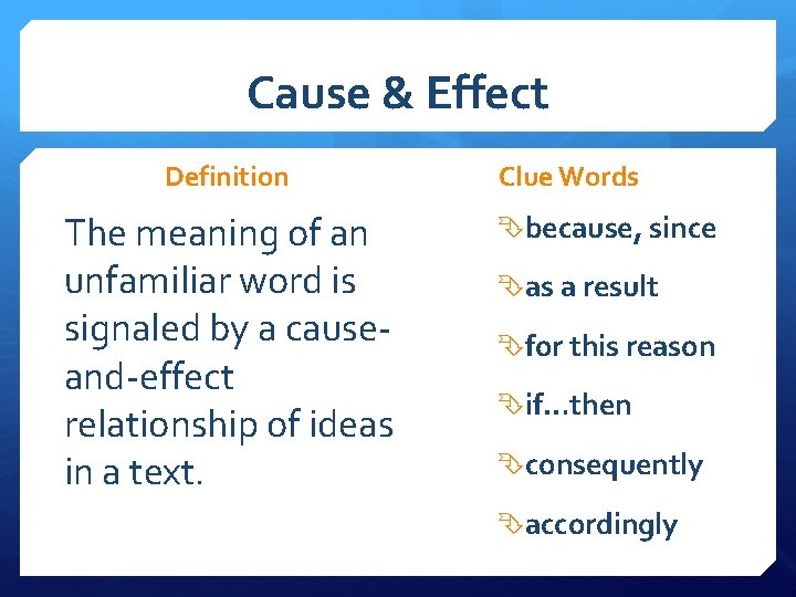 Cause & Effect Definition The meaning of an unfamiliar word is signaled by a Cause & Effect Definition The meaning of an unfamiliar word is signaled by a
