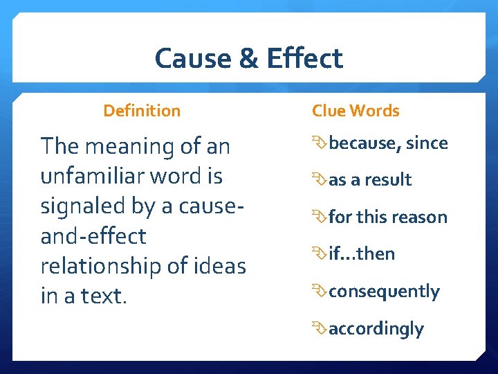 Cause & Effect Definition The meaning of an unfamiliar word is signaled by a