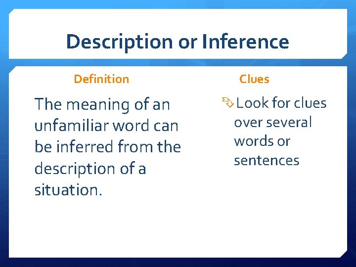 Description or Inference Definition The meaning of an unfamiliar word can be inferred from