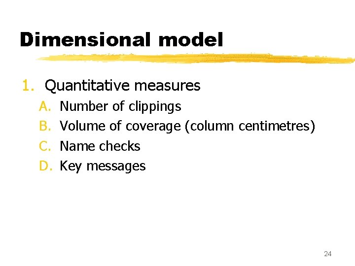 Dimensional model 1. Quantitative measures A. B. C. D. Number of clippings Volume of