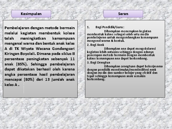 Kesimpulan Pembelajaran dengan metode bermain melalui kegiatan membentuk kolase telah meningkatkan kemampuan mengenal warna