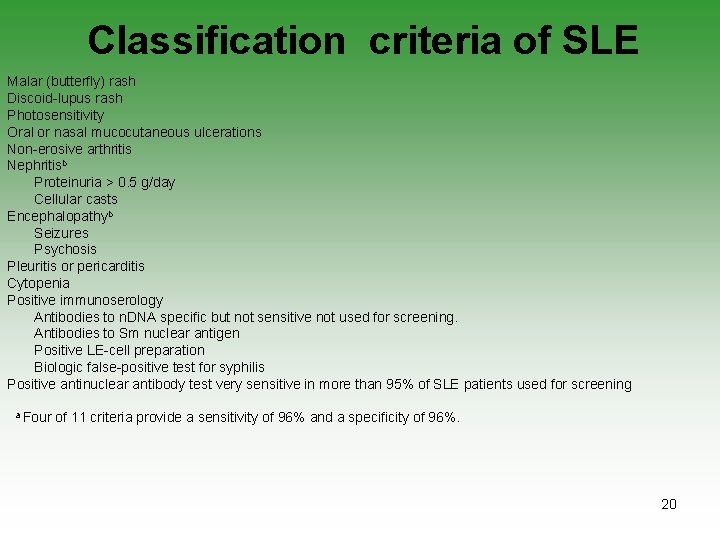 Classification criteria of SLE Malar (butterfly) rash Discoid-lupus rash Photosensitivity Oral or nasal mucocutaneous