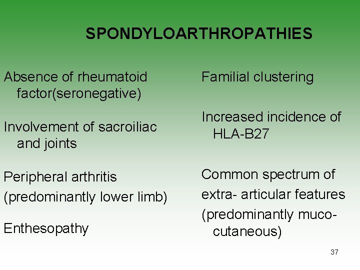 SPONDYLOARTHROPATHIES Absence of rheumatoid factor(seronegative) Involvement of sacroiliac and joints Peripheral arthritis (predominantly lower