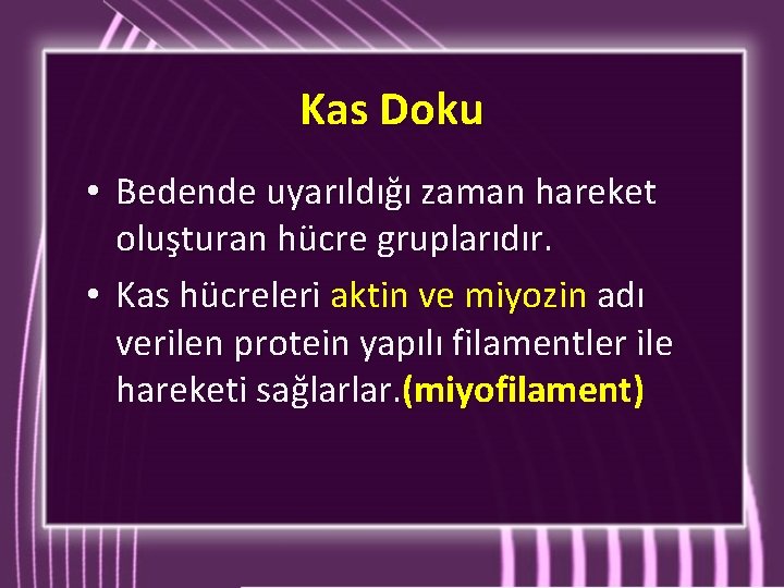 Kas Doku • Bedende uyarıldığı zaman hareket oluşturan hücre gruplarıdır. • Kas hücreleri aktin