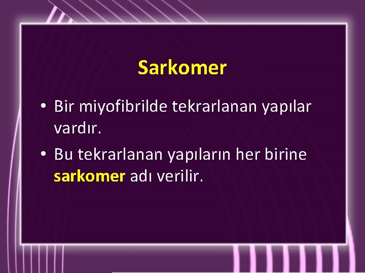 Sarkomer • Bir miyofibrilde tekrarlanan yapılar vardır. • Bu tekrarlanan yapıların her birine sarkomer Sarkomer • Bir miyofibrilde tekrarlanan yapılar vardır. • Bu tekrarlanan yapıların her birine sarkomer
