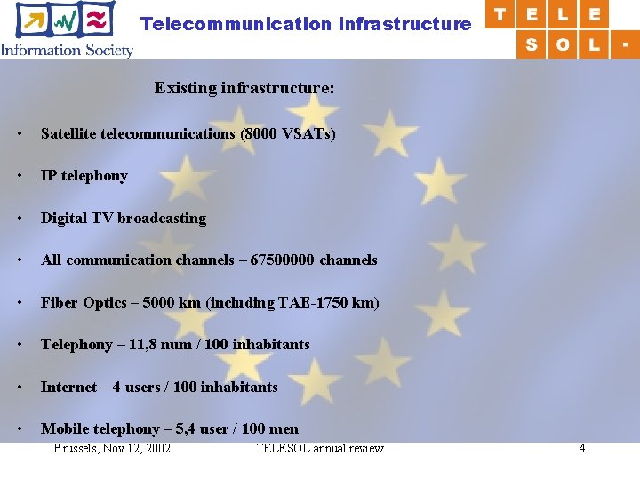 Telecommunication infrastructure Existing infrastructure: • Satellite telecommunications (8000 VSATs) • IP telephony • Digital