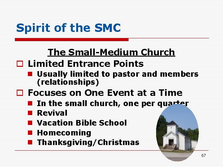 Spirit of the SMC The Small-Medium Church o Limited Entrance Points n Usually limited