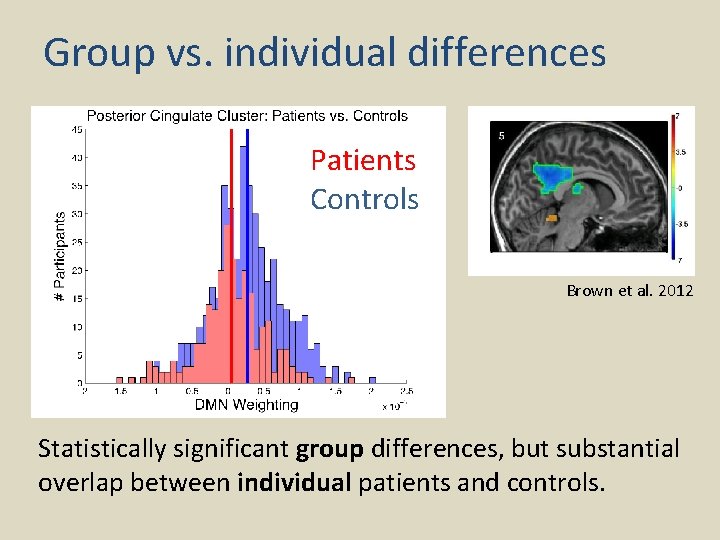 Group vs. individual differences Patients Controls Brown et al. 2012 Statistically significant group differences,