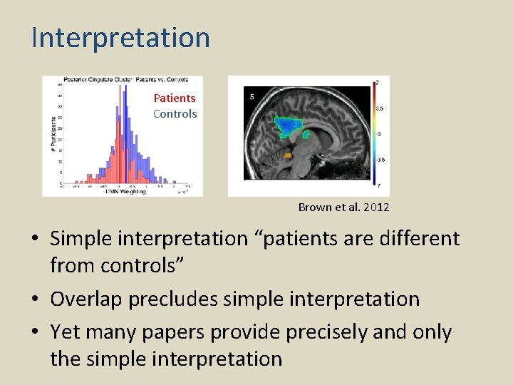 Interpretation Patients Controls Brown et al. 2012 • Simple interpretation “patients are different from