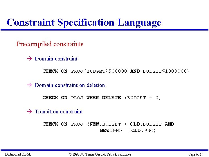 Constraint Specification Language Precompiled constraints Domain constraint CHECK ON PROJ(BUDGET≥ 500000 AND BUDGET≤ 1000000)