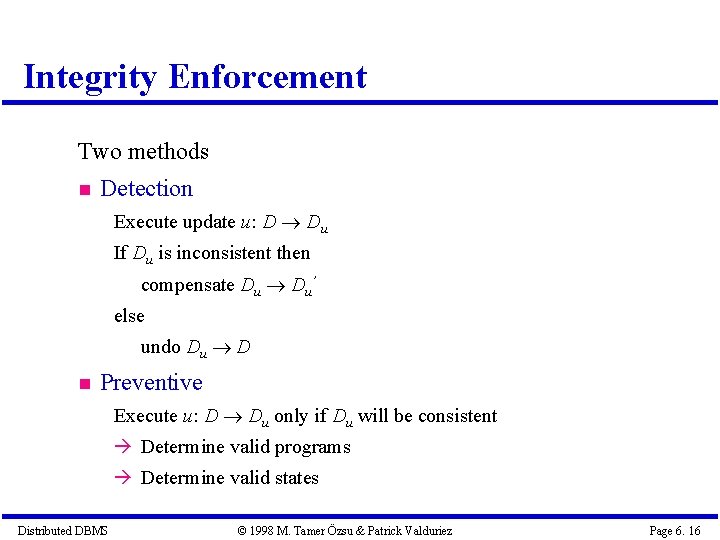Integrity Enforcement Two methods Detection Execute update u: D Du If Du is inconsistent