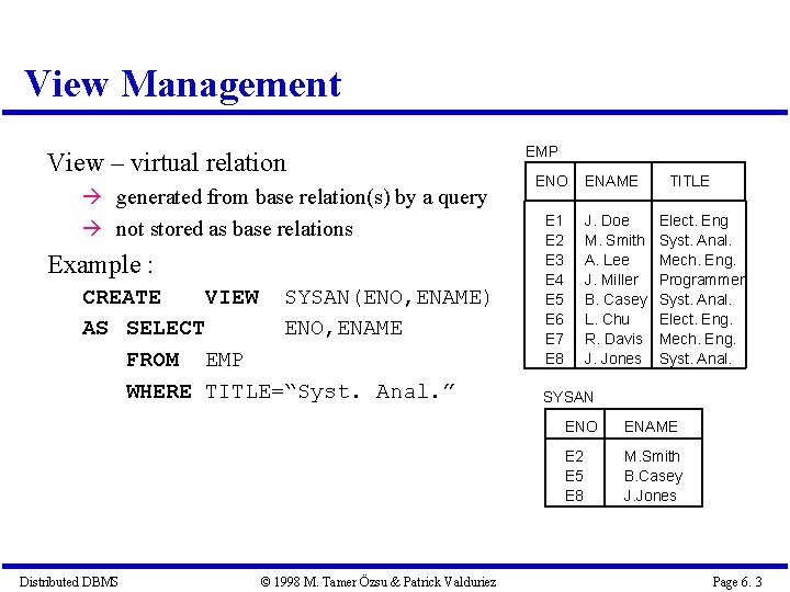 View Management View – virtual relation generated from base relation(s) by a query not