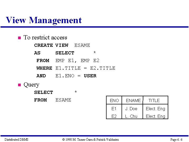 View Management To restrict access CREATE AS FROM WHERE AND VIEW ESAME SELECT *